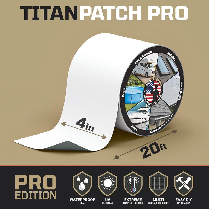 TOOLTROOPERS Titan Patch PRO Waterproof Sealant Tape – White 4" x20' – Stops Leaks Fast & Stays Sealed for 15+ Years – Sticks to RVs, Roofs, Pools, Boats, Gutters – Built for Harsh Weather (-40°F to 190°F) - Image 2